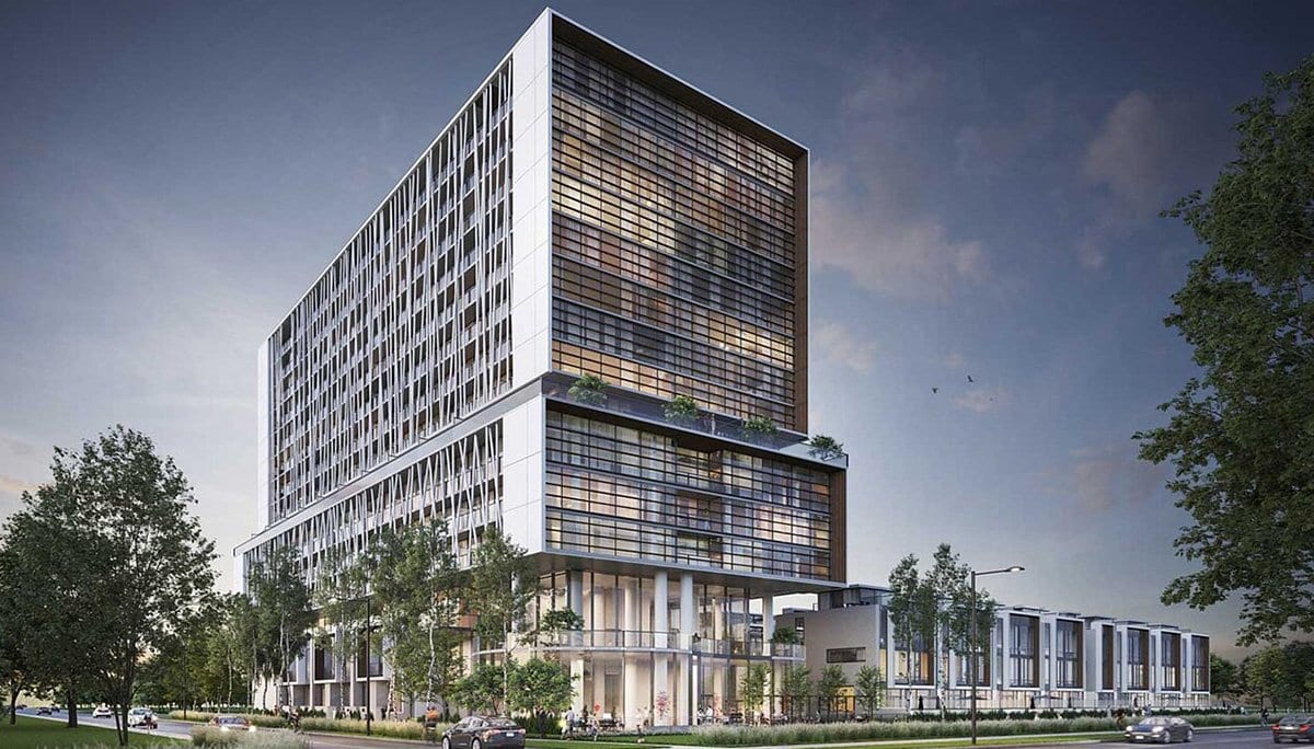 Exterior rendering of Birch Condos and Towns at Lakeview Village