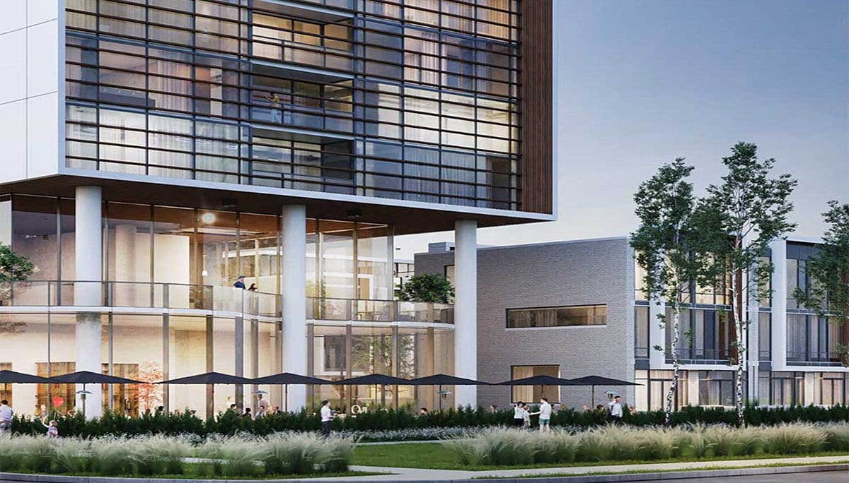 Exterior close-up rendering of Birch Condos and Towns at Lakeview Village
