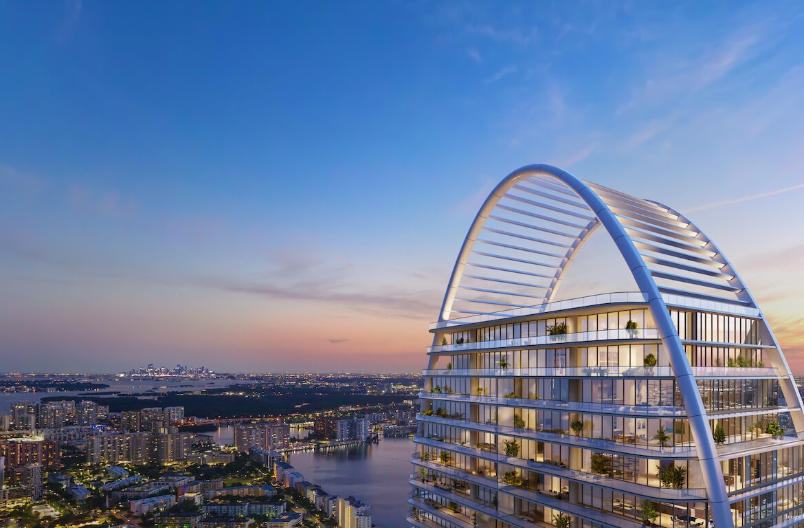 St. Regis Residences Sunny Isles Beach exterior at dusk