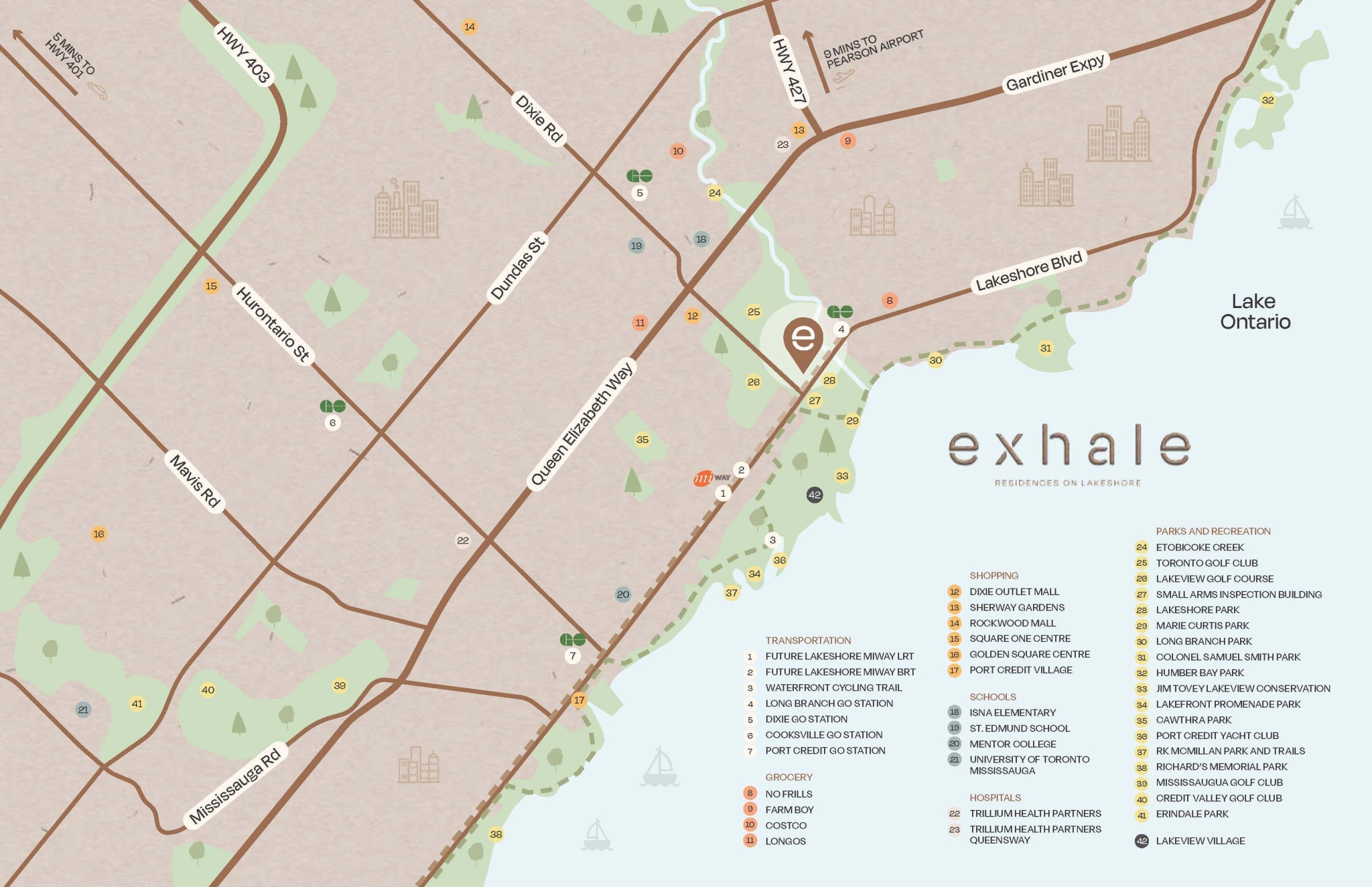 Exhale Residences on Lakeshore Mississauga amenity map
