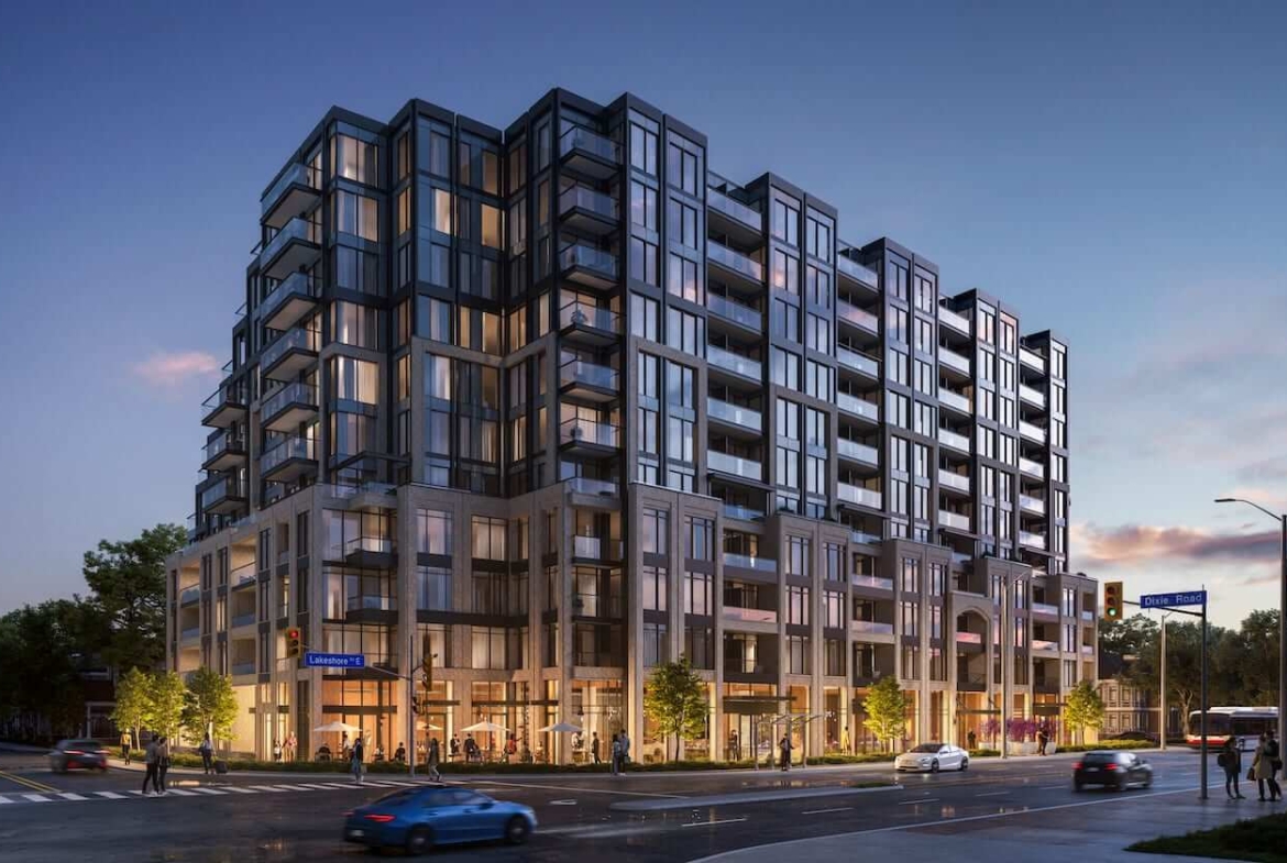 Rendering of Exhale Residences on Lakeshore exterior view at night