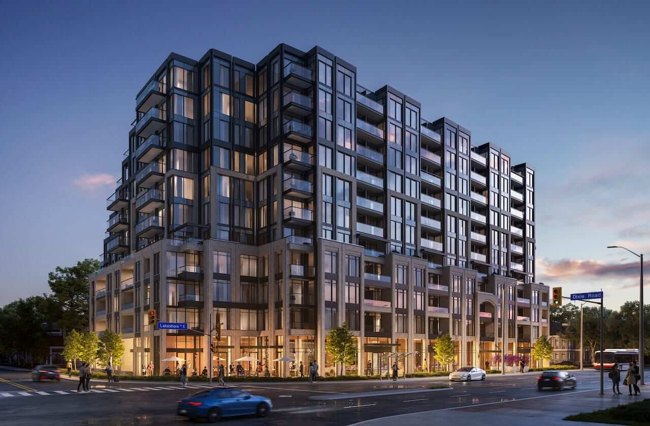 Rendering of Exhale Residences on Lakeshore exterior view at night