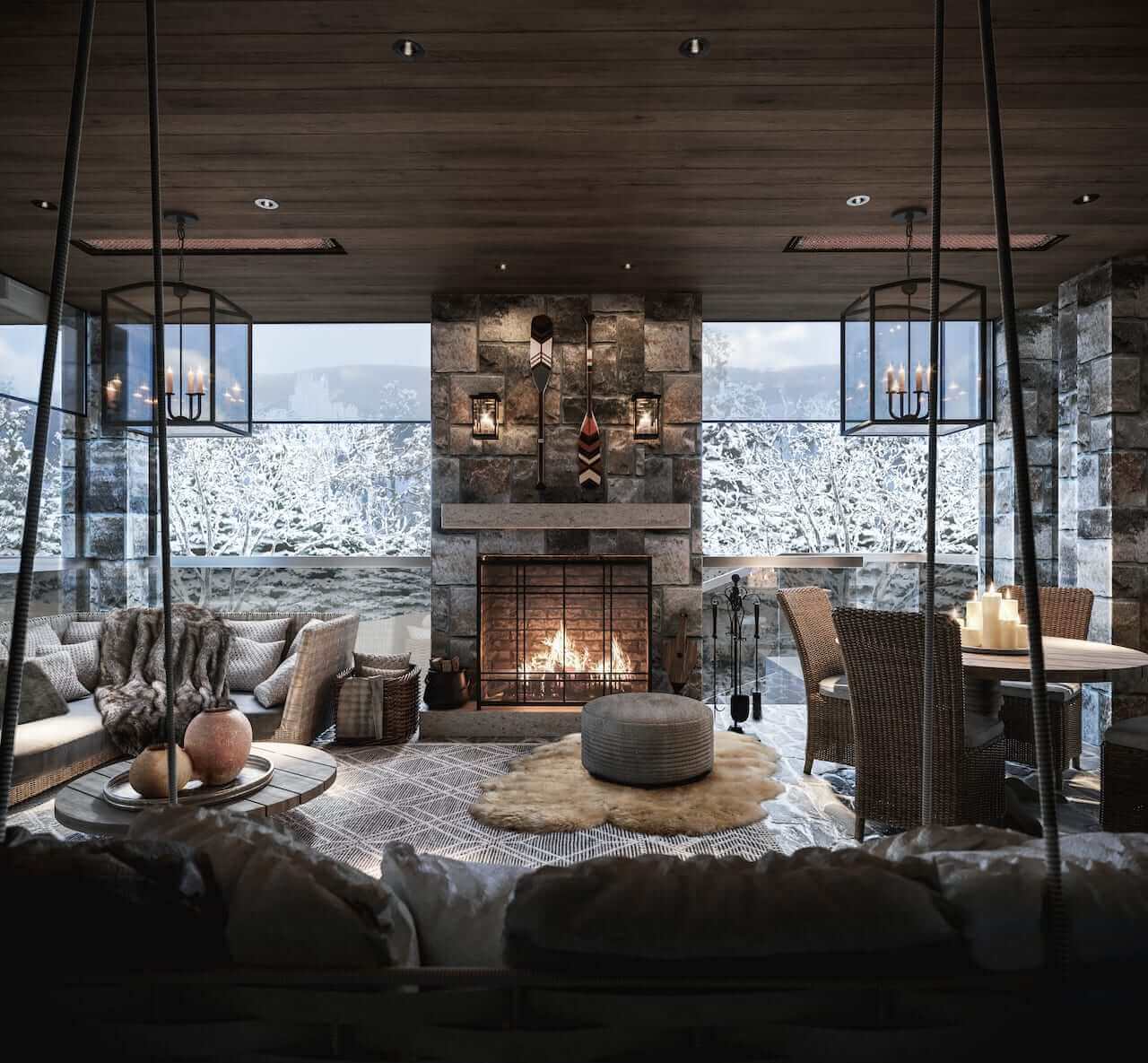 Rendering of The Summit Homes interior loggia fireplace