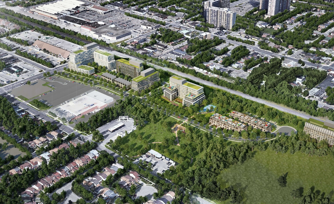 Rendering of Birchley Park Condos and Towns in Scarborough angled aerial
