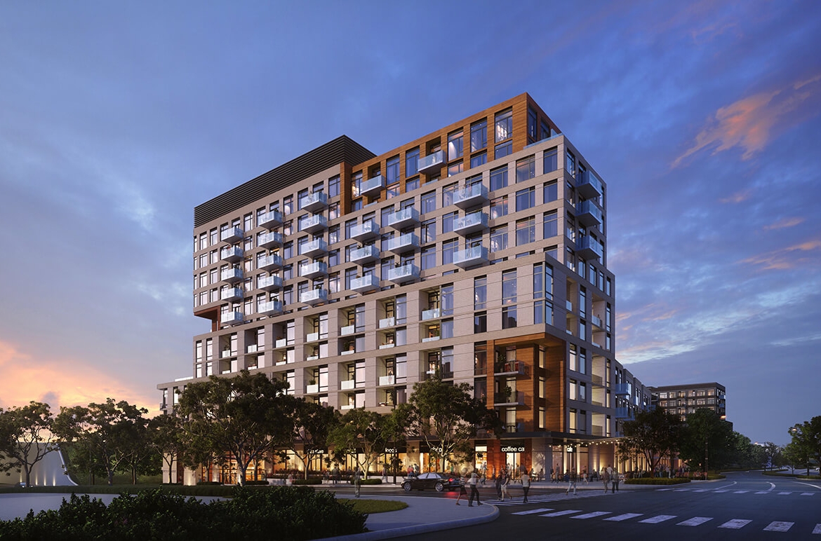 Rendering of Birchley Park Condos and Towns exterior of block 1 and 2 at night
