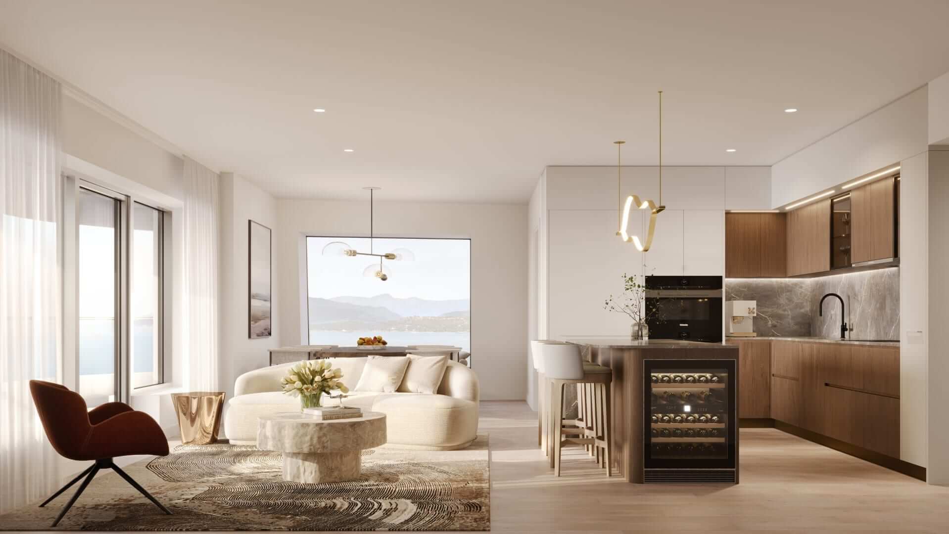 Rendering of CURV Condos suite interior kitchen and living