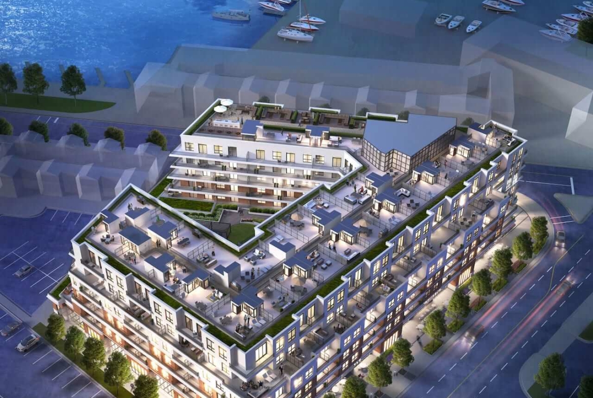 Rendering of The Residences at Bronte Lakeside exterior aerial at night