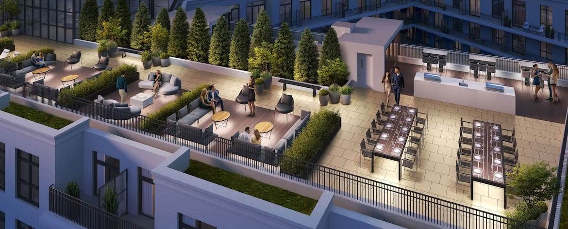 Rendering of The Residences at Bronte Lakeside exterior terrace aerial at night