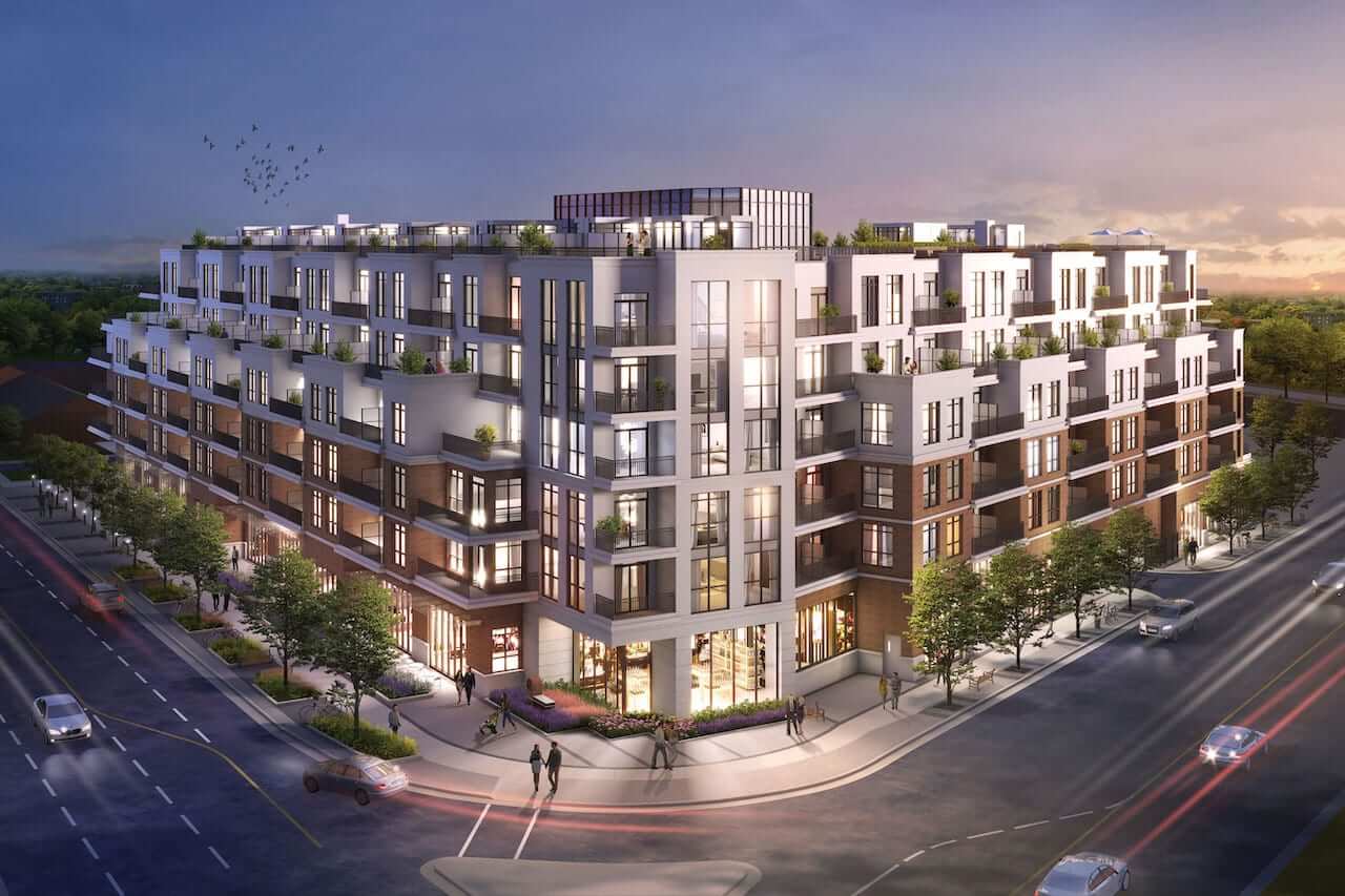 Rendering of The Residences at Bronte Lakeside exterior at night