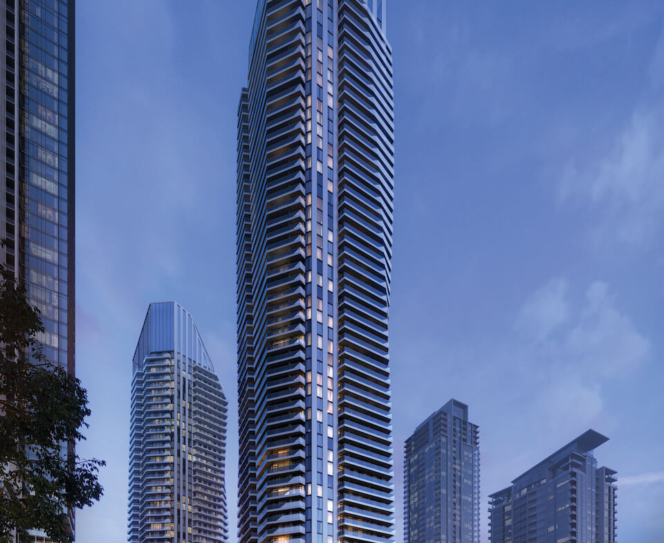 M6 Condos at M-City rendering of exterior at dusk