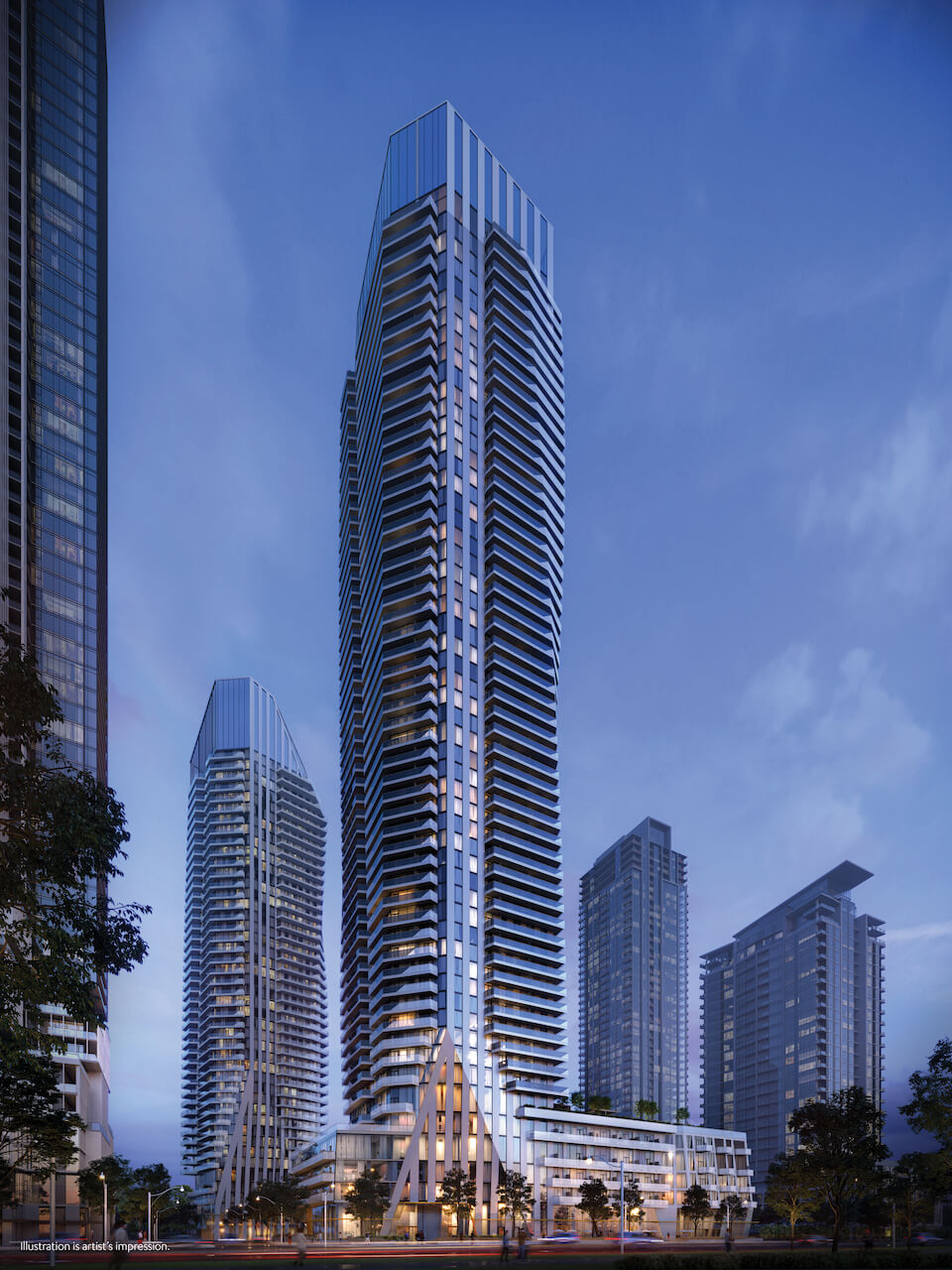 M6 Condos at M-City rendering of exterior at dusk