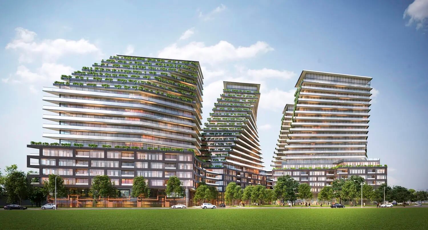 The 9Hundred Condos exterior rendering towers with foliage