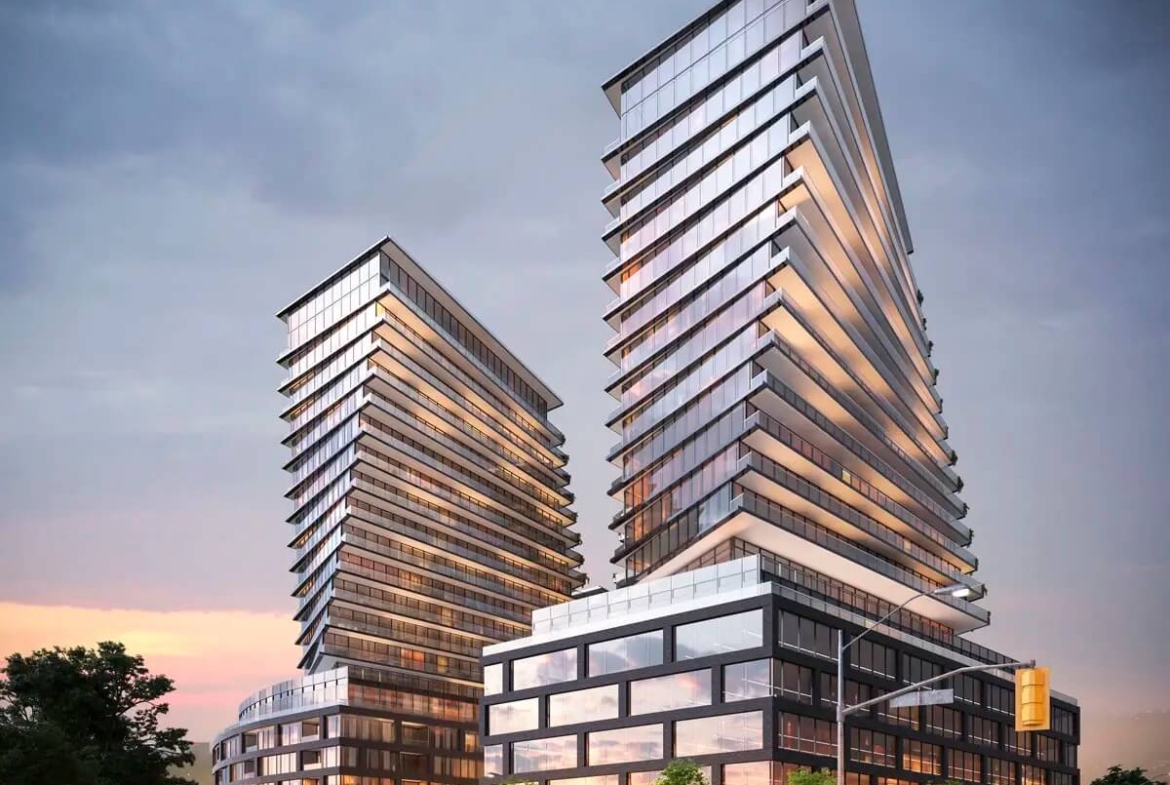 The 9Hundred Condos exterior rendering 2 towers at night