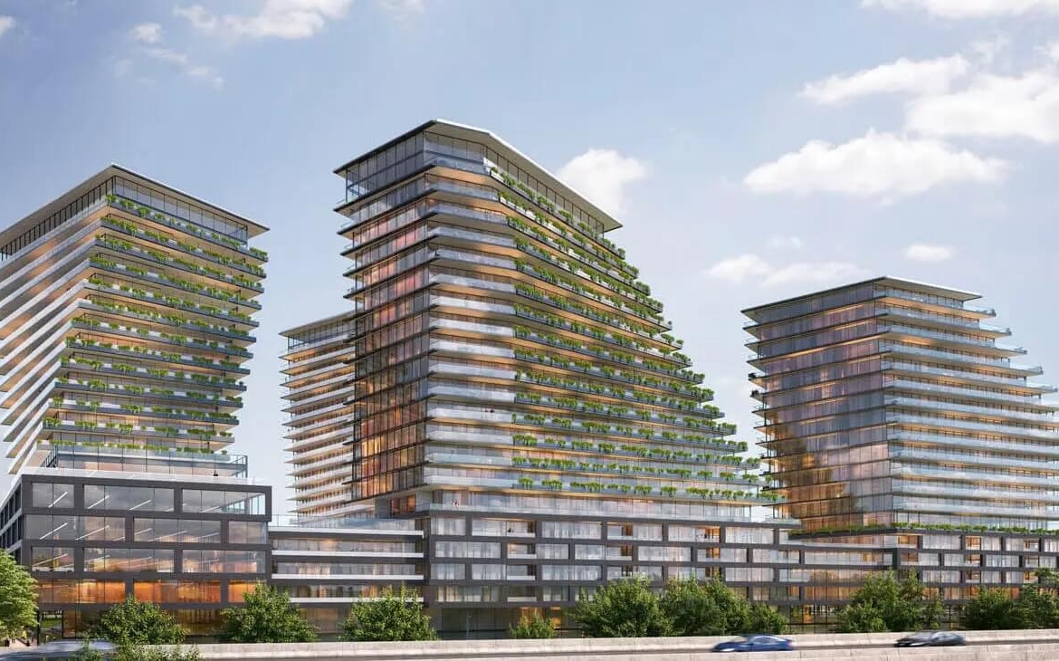 The 9Hundred Condos exterior rendering side view of towers with greenery