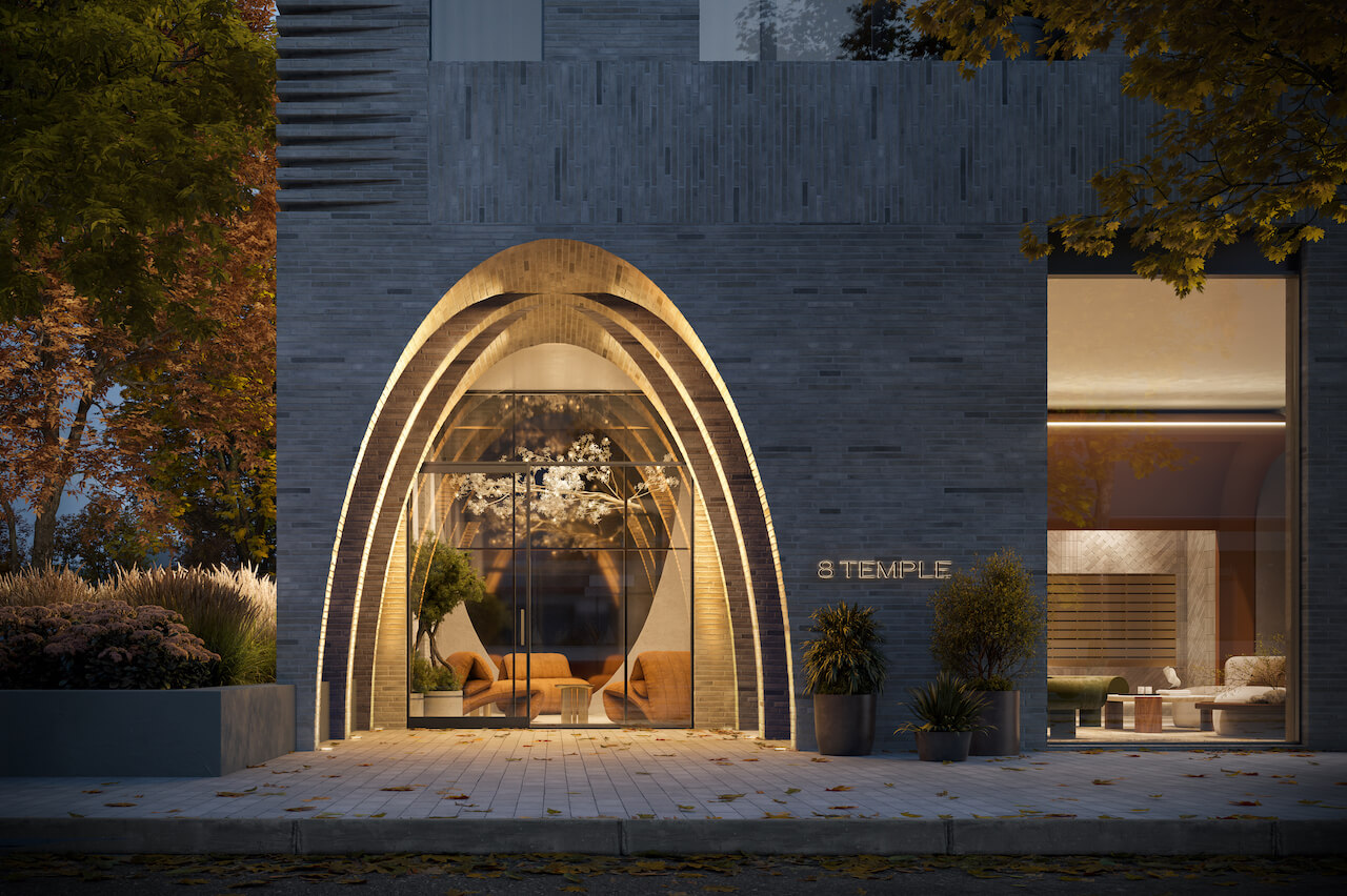 Rendering of 8 Temple Condos exterior entrance