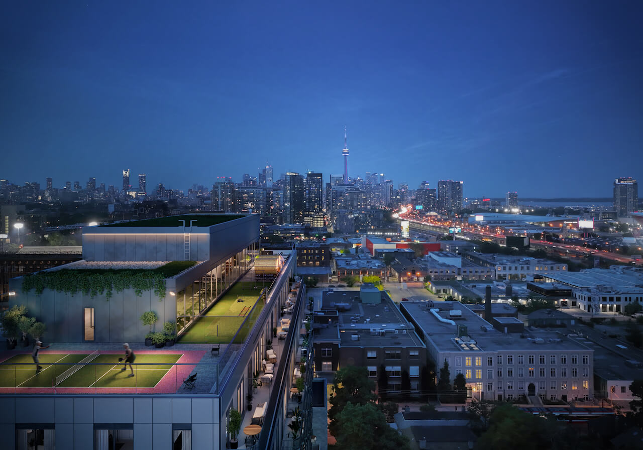 Rendering of 8 Temple Condos exterior rooftop aerial