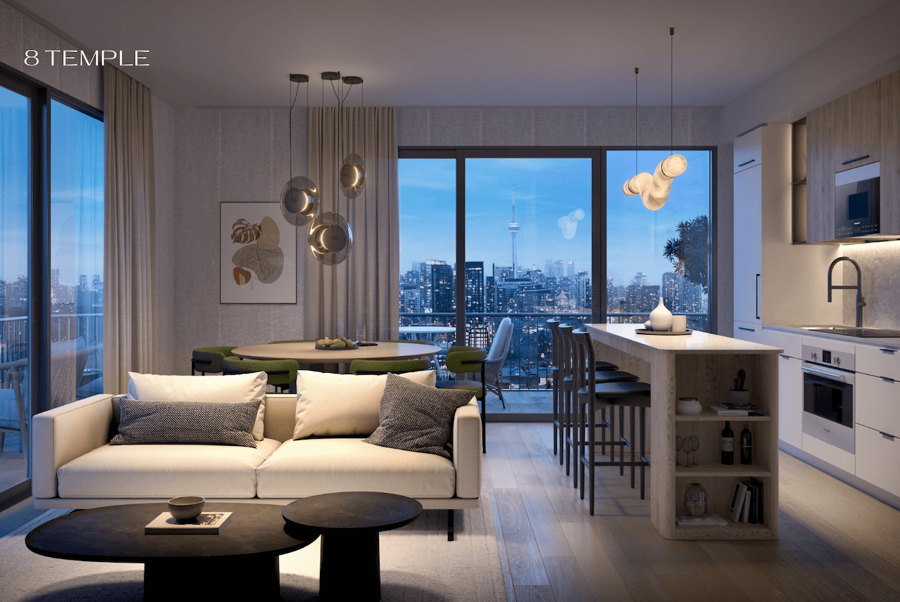 Rendering of 8 Temple Condos interior suite dining at night
