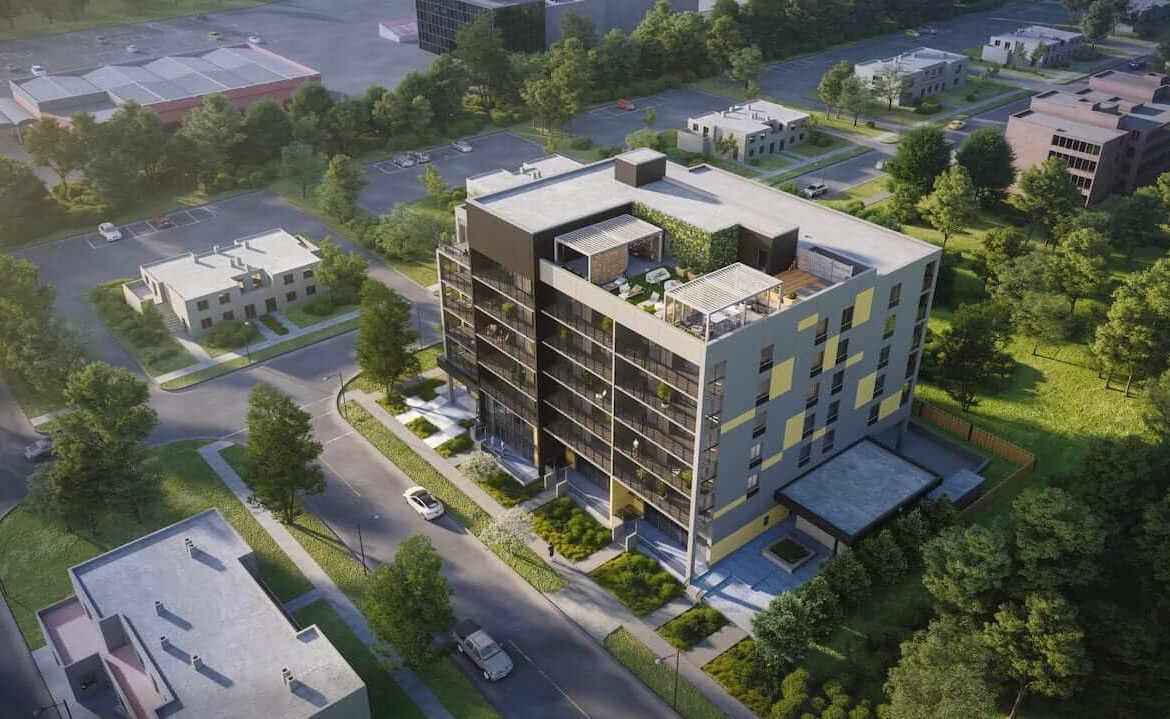 Rendering of Flex Condos exterior aerial view