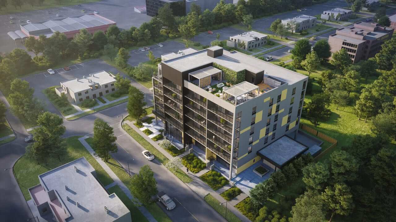 Rendering of Flex Condos exterior aerial view
