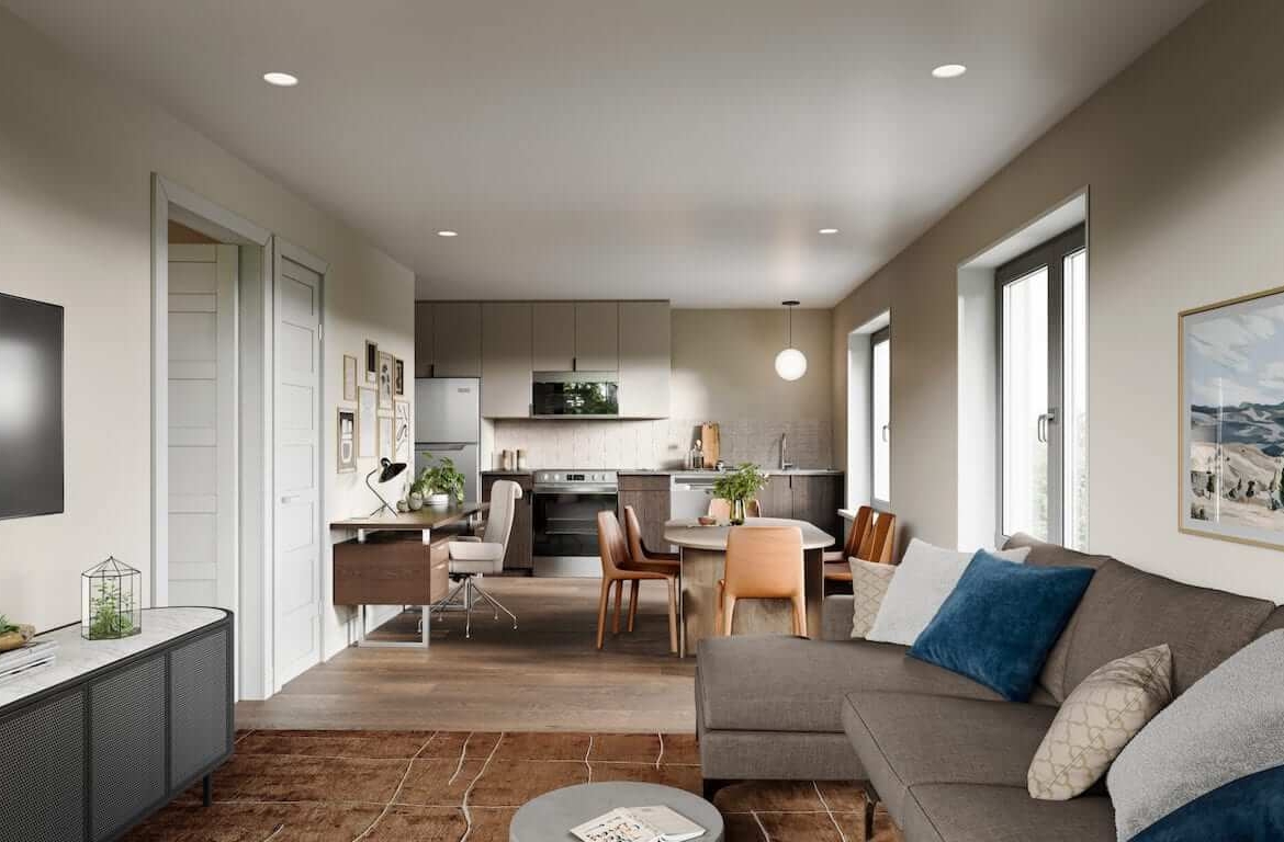 Rendering of Flex Condos suite interior living room open-concept