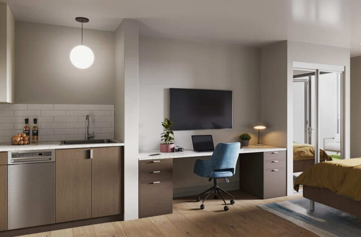 Rendering of Flex Condos suite interior studio living room