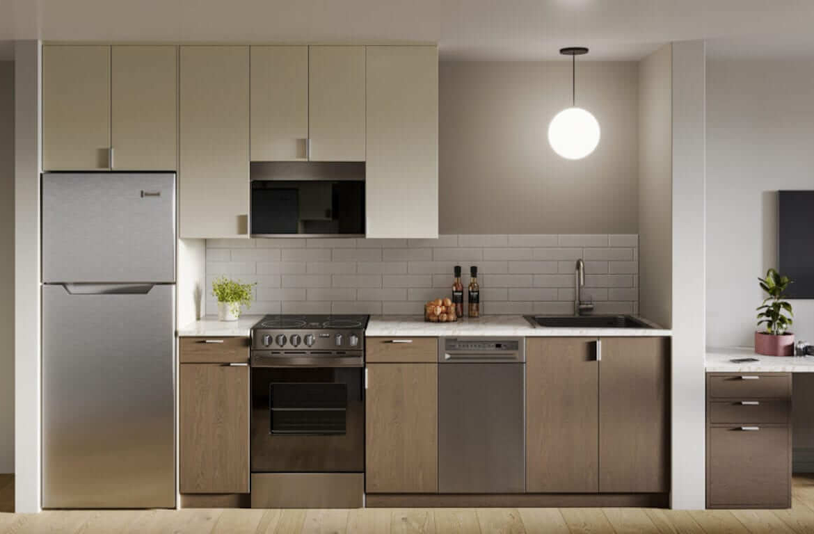 Rendering of Flex Condos suite interior studio kitchen
