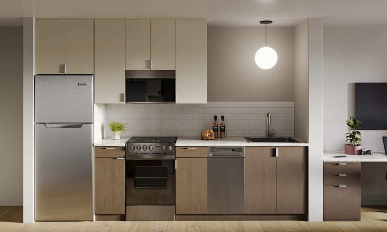 Rendering of Flex Condos suite interior studio kitchen