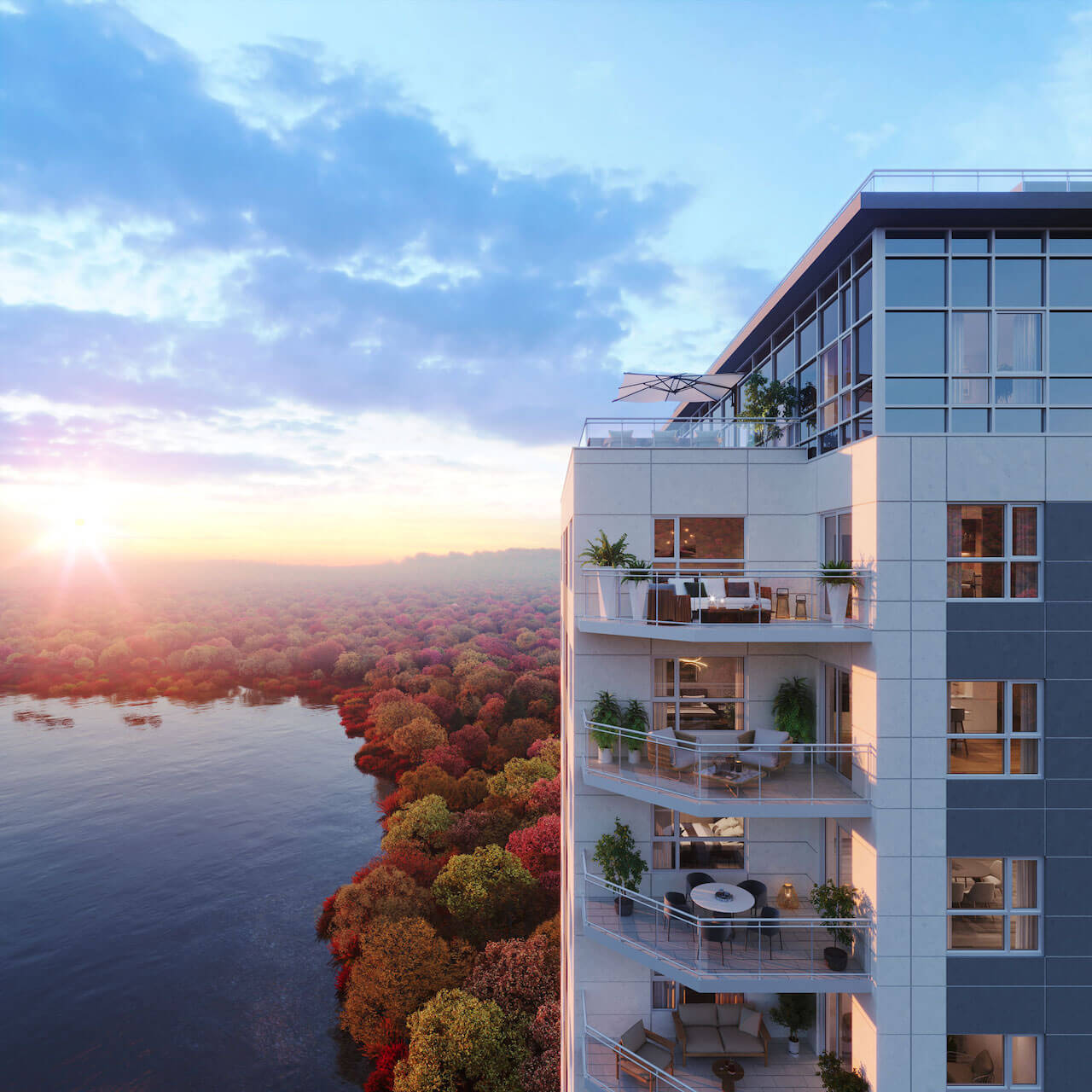 Rendering of Lakevu3 Condos exterior view of the lake