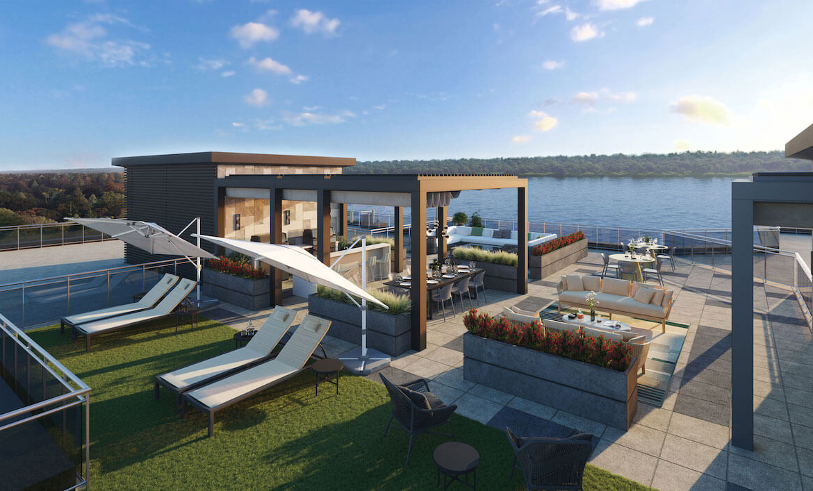 Lakevu3 Condos rendering of rooftop terrace with cabana seating and views of the lake
