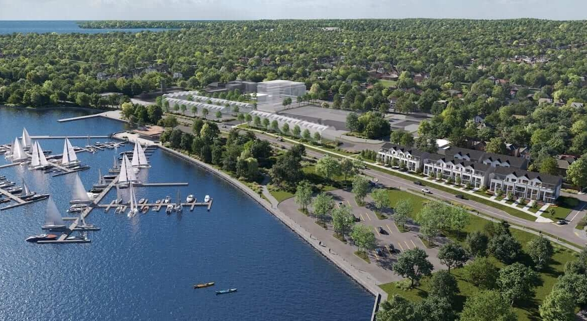 Rendering of Sunshine Harbour waterfront townhomes aerial view