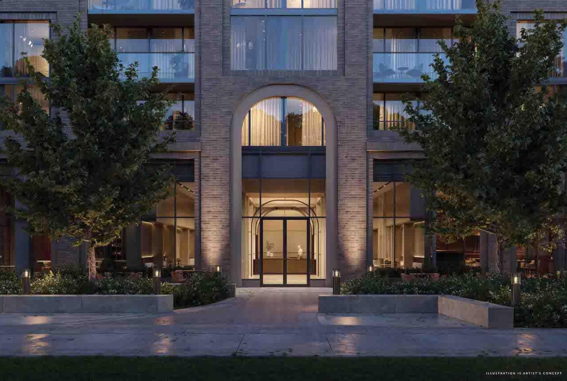 Rendering of Arcadia District Condos entrance at night