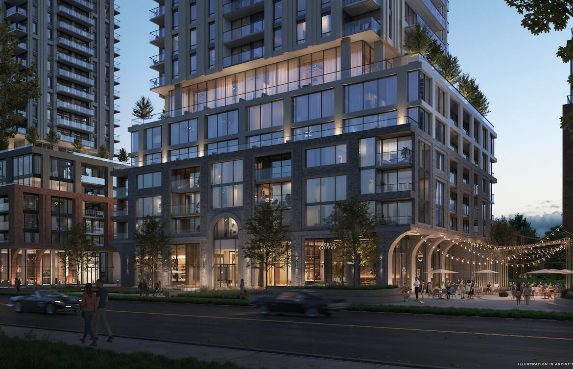 Rendering of Arcadia District Condos streetscape podium