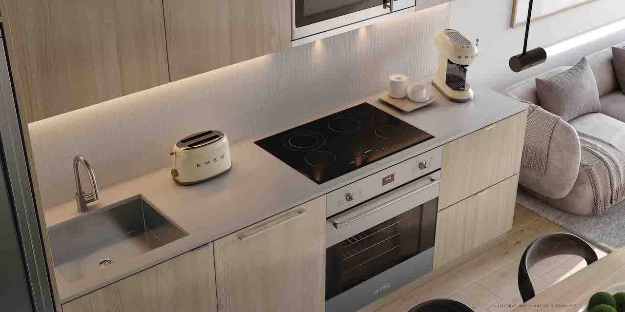 Rendering of Arcadia District Condos suite kitchen vignette