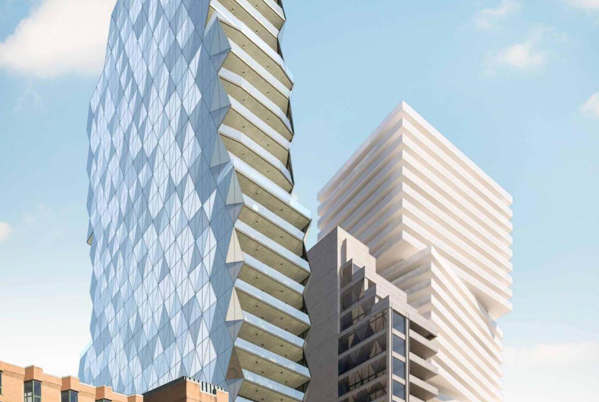 Rendering of 210 Bloor West Condos exterior worms eye view