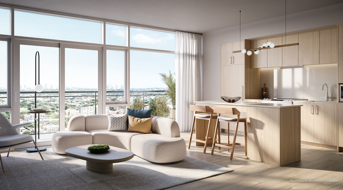Rendering of BLVD Q suite interior living room