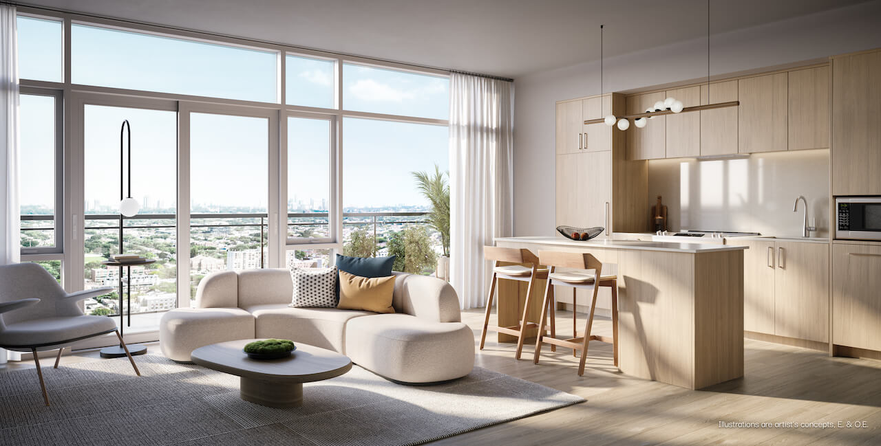 Rendering of BLVD Q suite interior living room