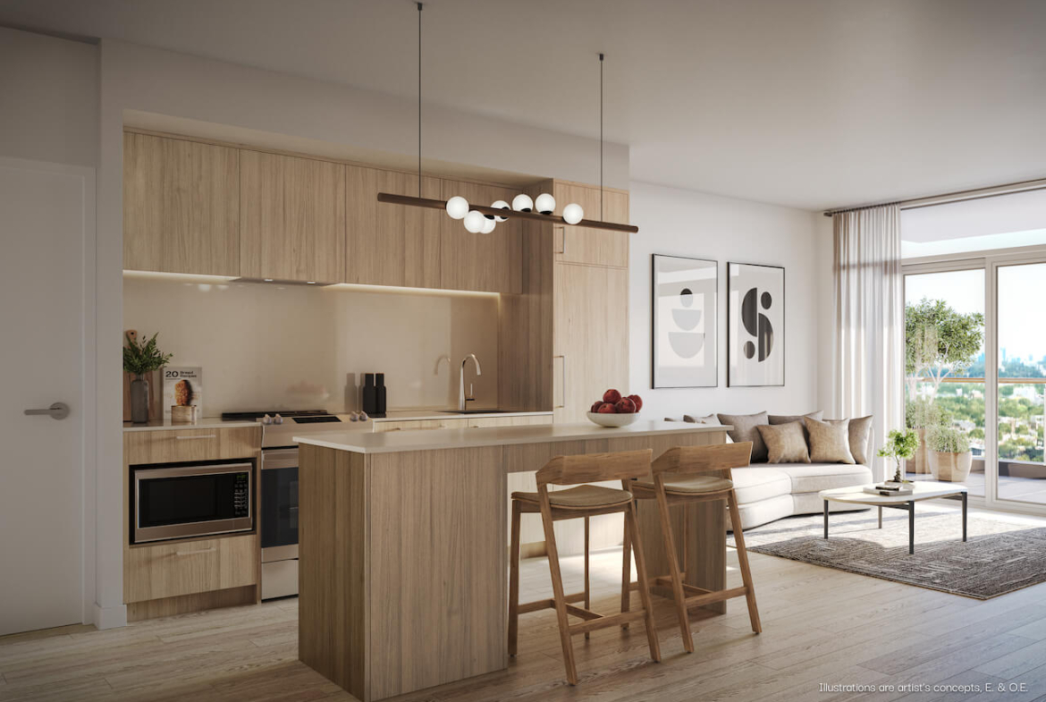 Rendering of BLVD Q suite interior upgraded kitchen