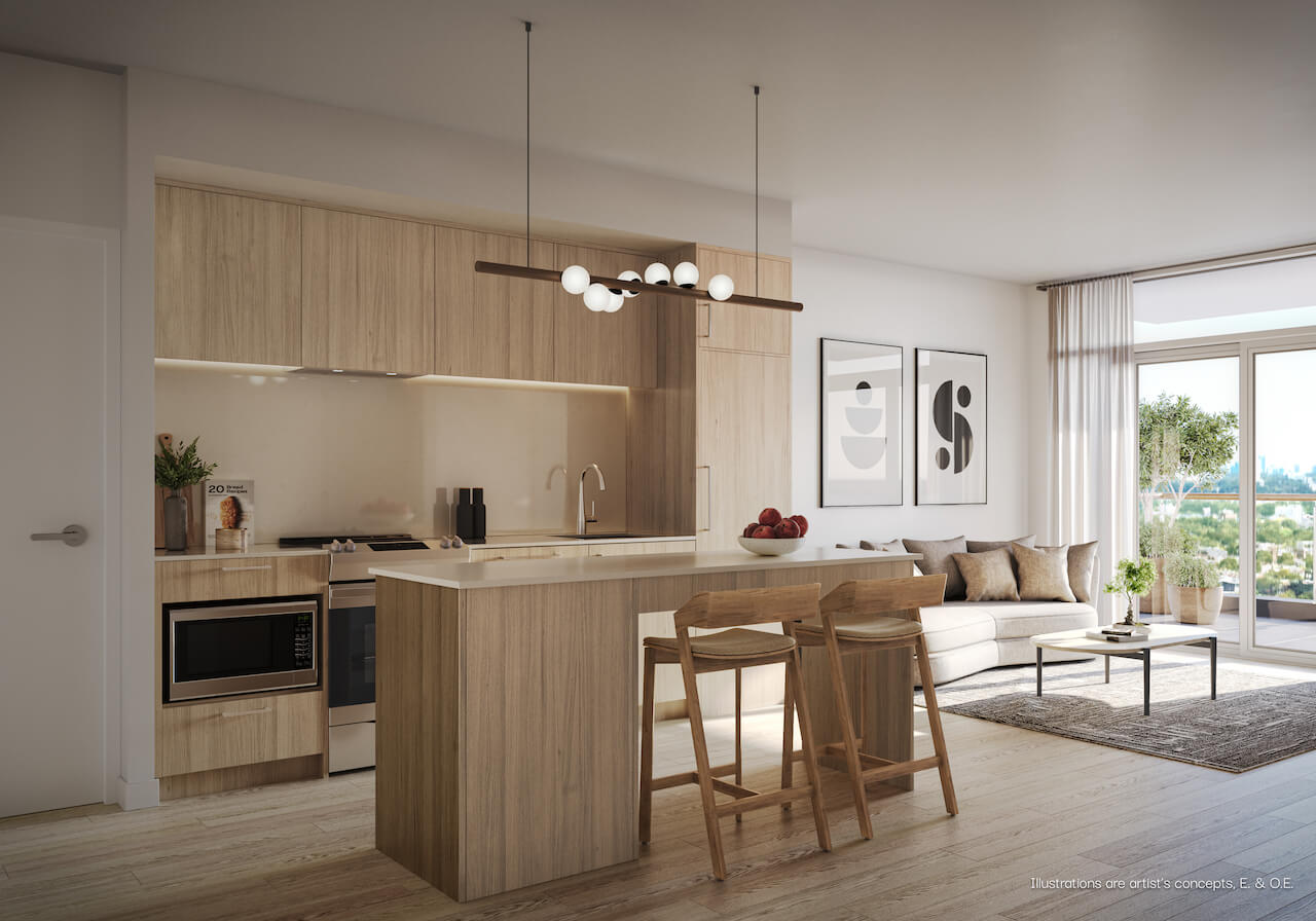 Rendering of BLVD Q suite interior upgraded kitchen
