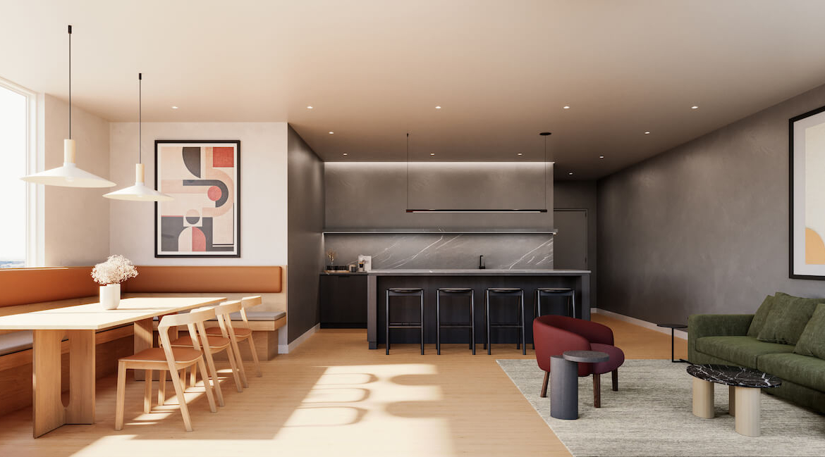 Rendering of BLVD Q condos entertainment lounge