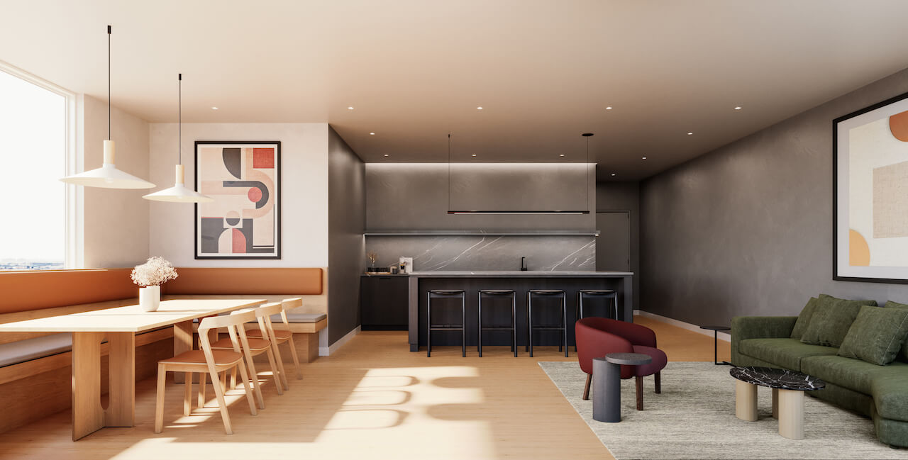 Rendering of BLVD Q condos entertainment lounge