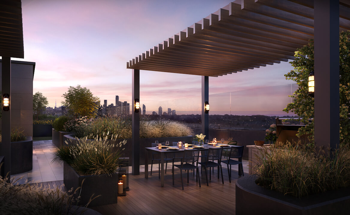 Rendering of BLVD Q condos outdoor dining at night