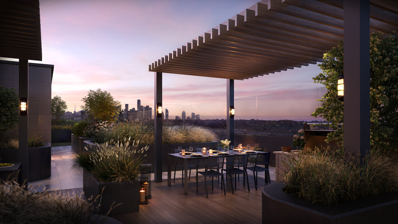 Rendering of BLVD Q condos outdoor dining at night