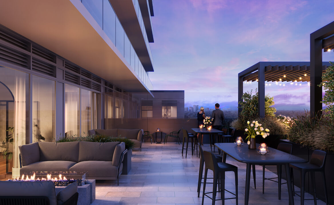 Rendering of BLVD Q condos terrace at night