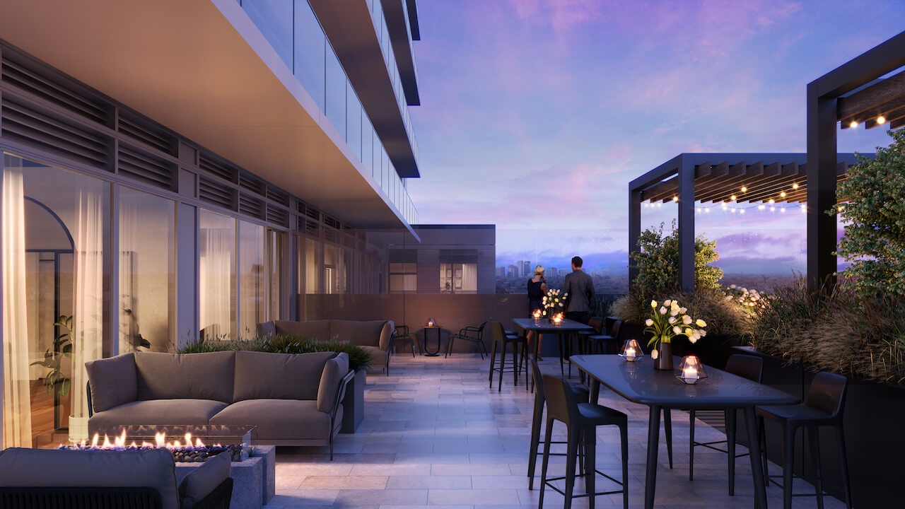 Rendering of BLVD Q condos terrace at night