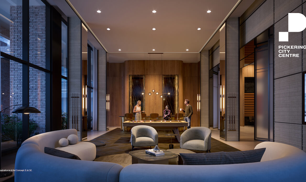 Rendering of Pickering City Centre Condos party room interior at dusk
