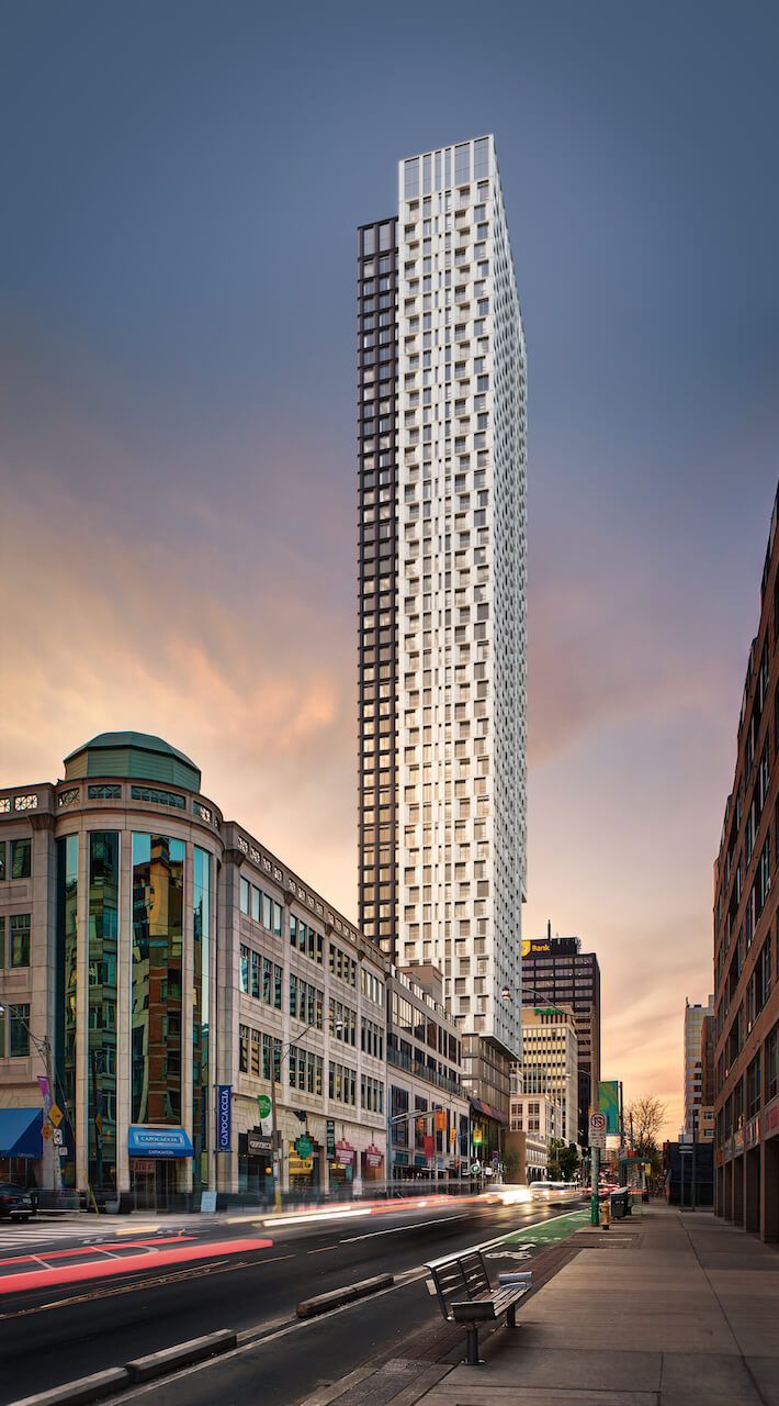 Rendering of The Hill Condos exterior side view at dusk