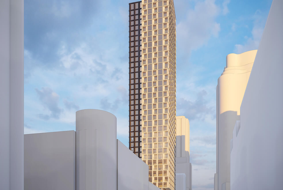 Rendering of The Hill Condos exterior aerial side view