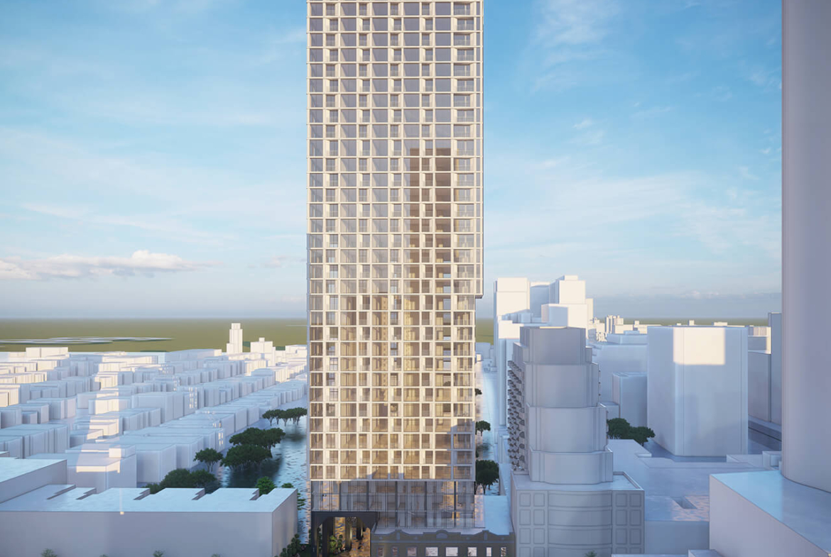 Rendering of The Hill Condos exterior full view aerial
