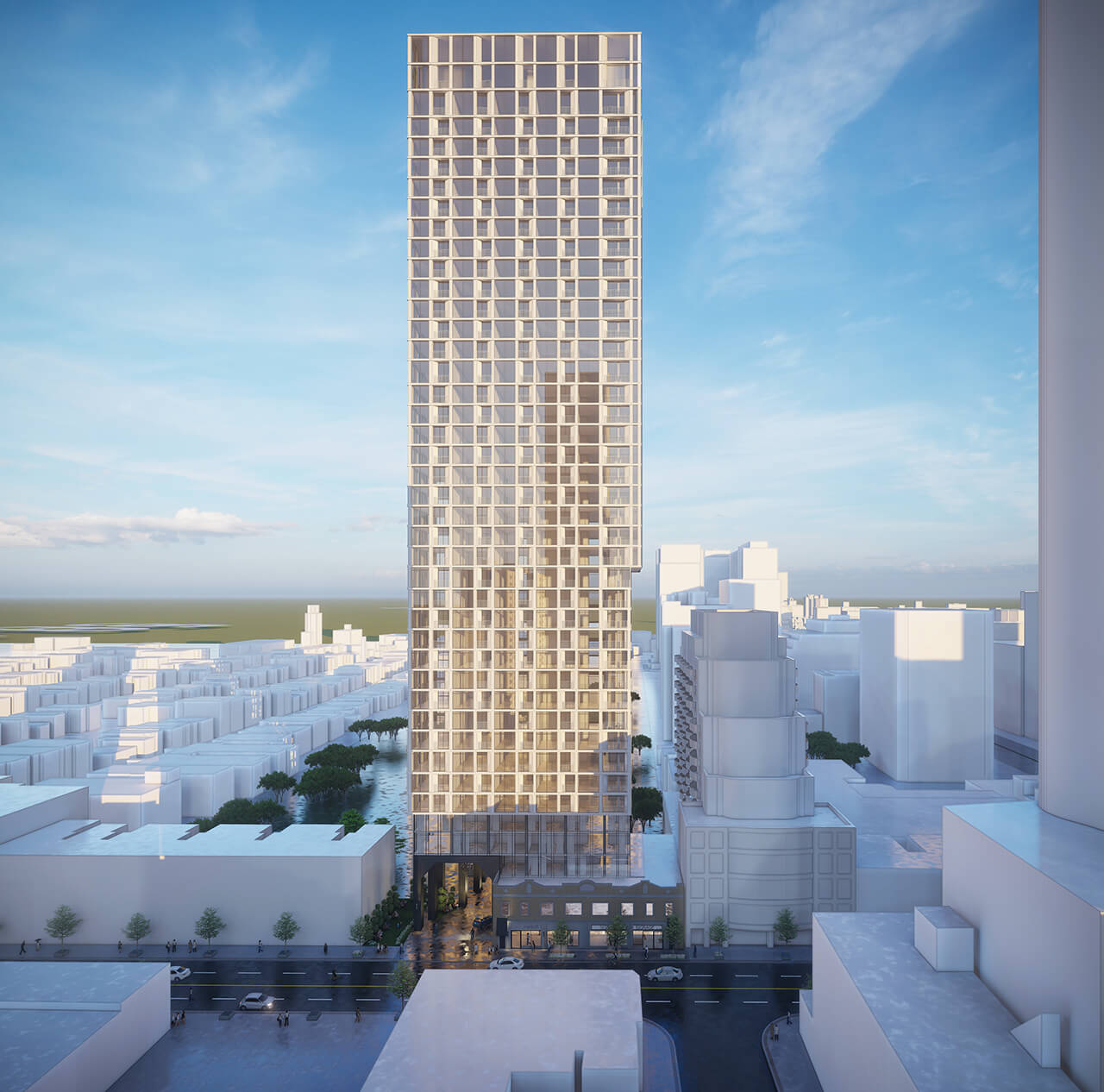 Rendering of The Hill Condos exterior full view aerial
