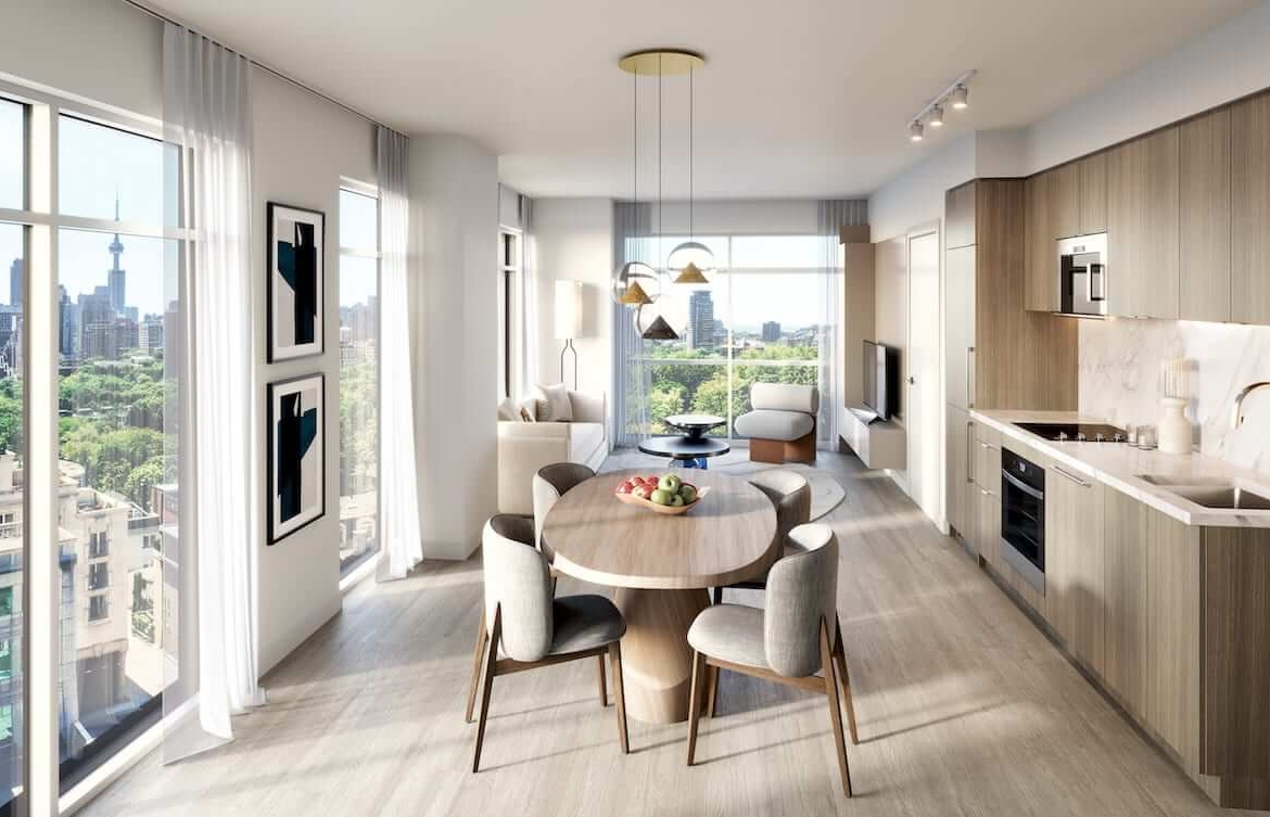 Rendering of The Hill Residences suite interior kitchen and dining area